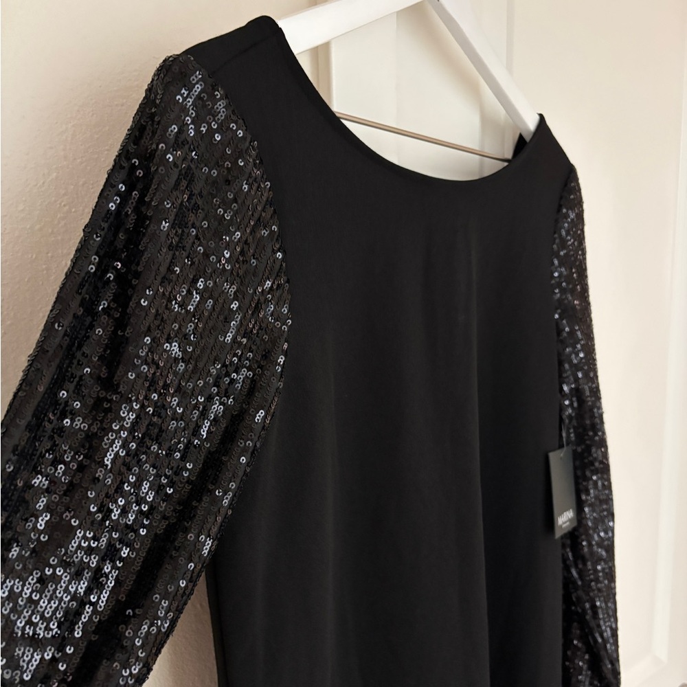 Marina Dresses Black Boatneck Midi Dress Sequin Sleeves V-Cut Back, Size 8 - Picture 3 of 8